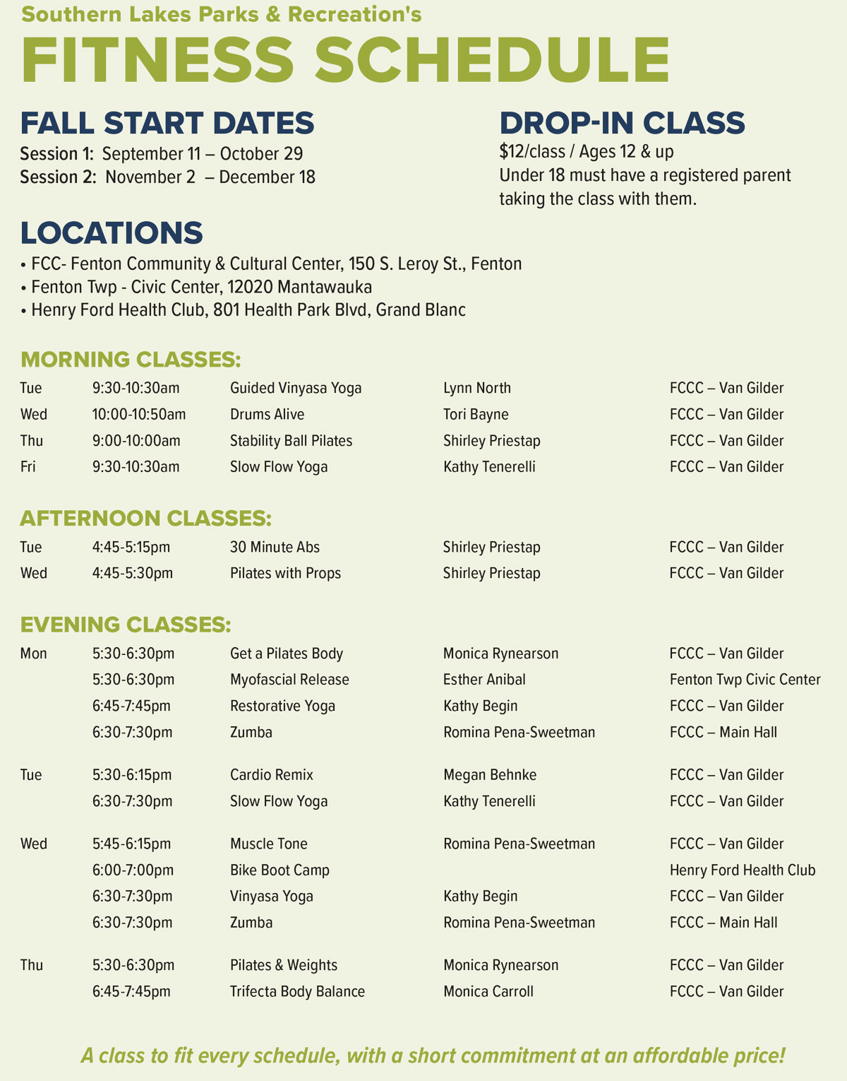 SLPR Fall Fitness Schedule