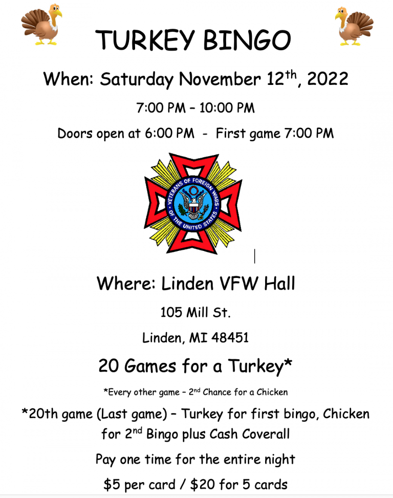 Turkey Bingo with the Linden VFW Southern Lakes Parks & Recreation